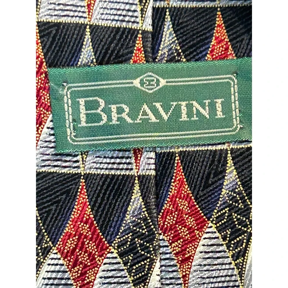 BRAVINI Mens Geometric Pattern Silk Necktie Red Black White‎ Blue Luxury